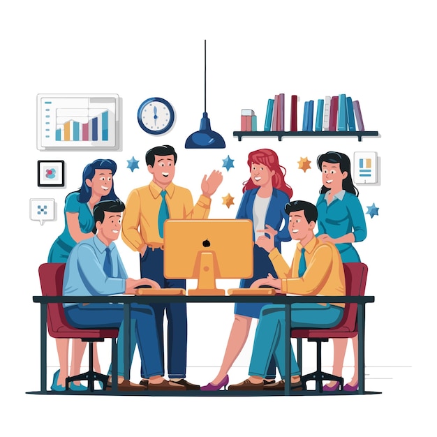 Team of casual business men and woman working on computer and talking together illustration