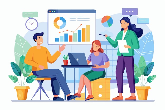 A team collaborates on data interpretation analyzing graphs displayed on a screen in a vibrant workspace Coworkers talking about analyzing data graphs flat illustration