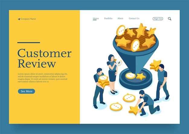 Team collecting and calculating customer review and sales with funnel isometric concept
