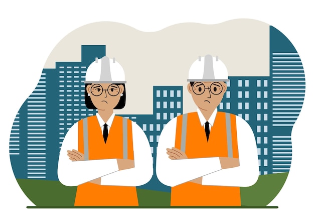 A team of constructors against the backdrop of the city and tall apartment buildings. Engineers and builders. Vector flat illustration