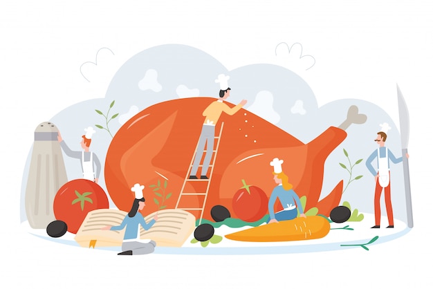 Team culinary specialist cooks giant turkey flat character  illustration concept