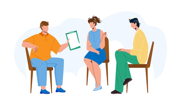 Team Group Discuss And Communicate Together Vector. Young Men And Woman Team Group Sitting On Chairs And Discussing Togetherness. Boy With Checklist and Talk With Characters Flat Cartoon Illustration