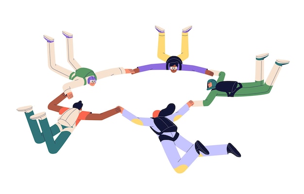 Vector team group of friends parachuting together sky divers skydiving jumping down holding hands floating skydivers flying free fall flat graphic vector illustration isolated on white background