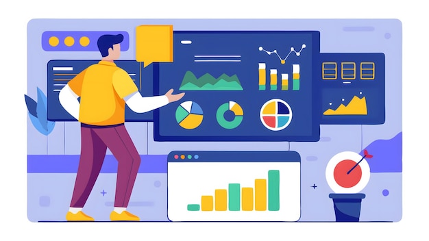 Vector team leader tracking performance on a visual data dashboard