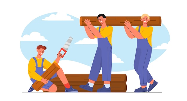 Vector team of lumberjack concept men with wooden logs wood processing workers in uniform carpenters with