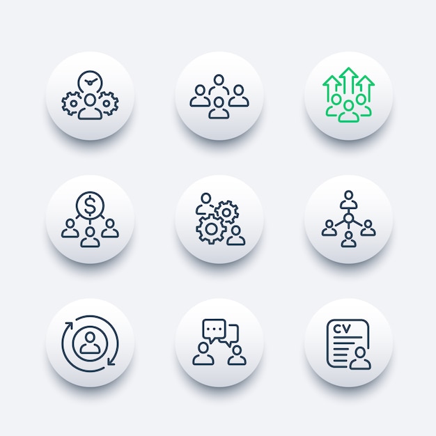 Team management, HR, people interacting line icons set