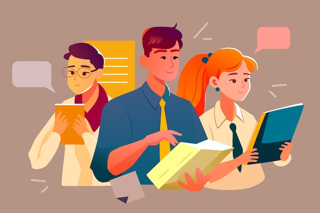 Team members are communicating with books and plants in the background vector illustration