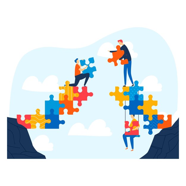 Vector team of people constructing puzzle bridge across cliff teamwork and problem solving in business strategy concept vector illustration