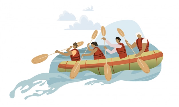 Team in Rowing Boat Cartoon Illustration