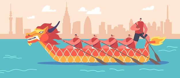 Vector team rowing dragon boat on cityscape background kayaking sports competition people in canoe during chinese festival