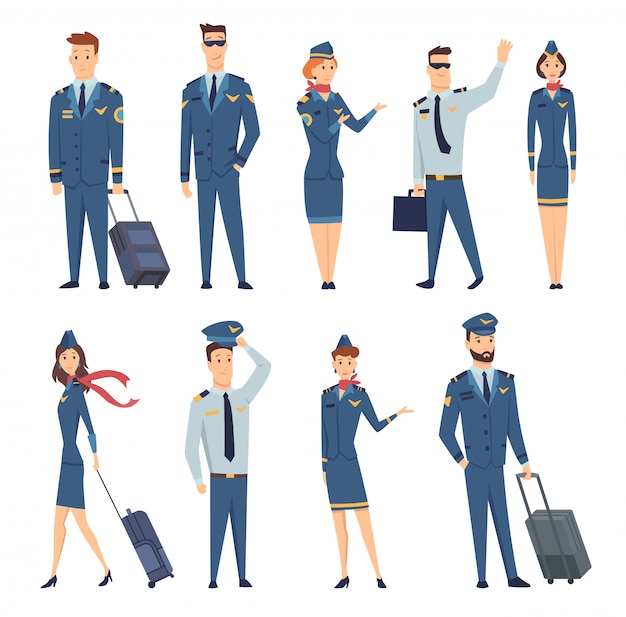 Team of smiling civilian aircraft stewardess, aircraft pilot, aircrew captain and aviators dressed in uniform. Cheerful cartoon characters. Colorful  illustration in flat style