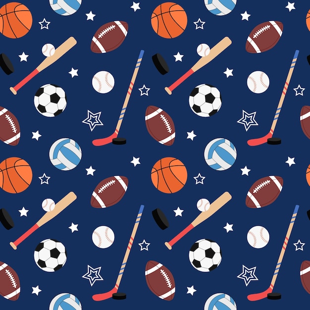 Team sports pattern Seamless background with balls for soccer and american football basketball Flat vector illustration of baseball and hockey equipment