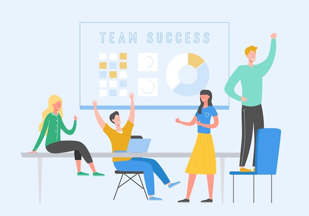 Team Success concept illustration. Business leader people celebrating victory. Man and woman winning  achievement reward. Businessman and businesswoman happy in office. Victory prize