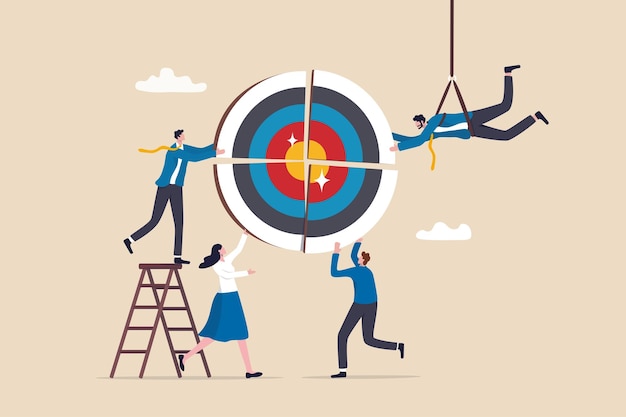 Team target to success together teamwork or challenge to work as partnership coworkers or colleague collaboration to achieve goal concept business people team work together to connect arrow target