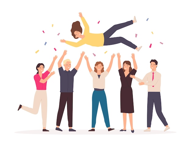 Vector team throwing person in air. celebrate win and business success congratulation. friends toss up woman at party with confetti vector concept. young man and woman employees achieving victory