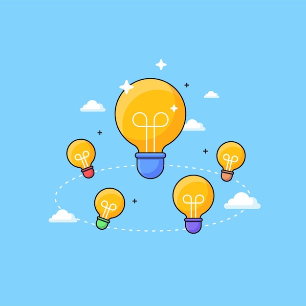 Team work brainstorming idea visual concept design with light bulb and cloud vector illustration