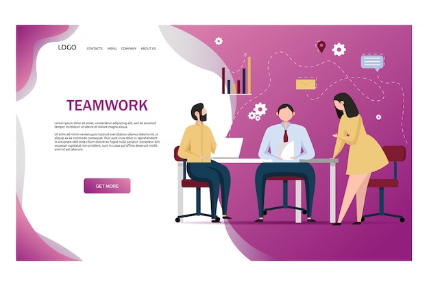 Team work in the office. Three people work together. Workers meeting Coworkers characters communication. Team building and business partnership concepts.