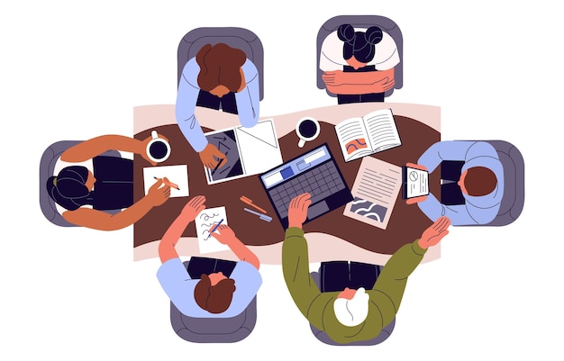 Team works on the table top view Employees sitting around desk discuss management processes People meeting for negotiation in office Students teamwork Flat isolated vector illustration on white