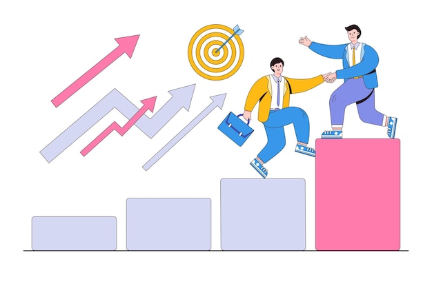 Teamwork to achieve goal leadership to construct team that is walking up rising growth arrow and career development concepts Businessman leader helps partner to rise to top red bar graph