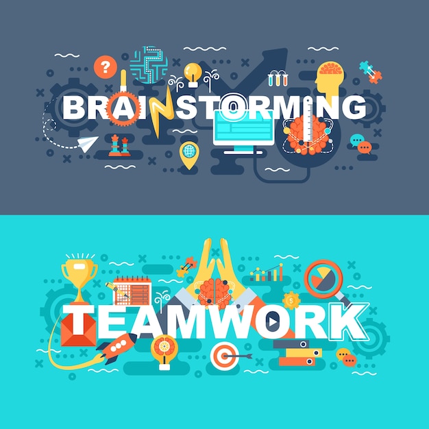 Vector teamwork and brainstorming set of flat concept