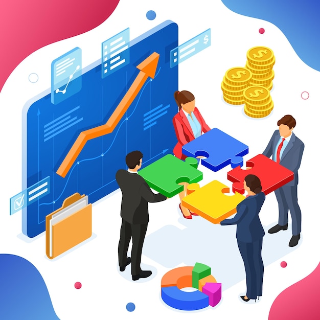 Teamwork business mans and womans. partnership collaboration. puzzles infographics. virtual screen with growth graph business analytics. B2B hero images. isometric isolated vector