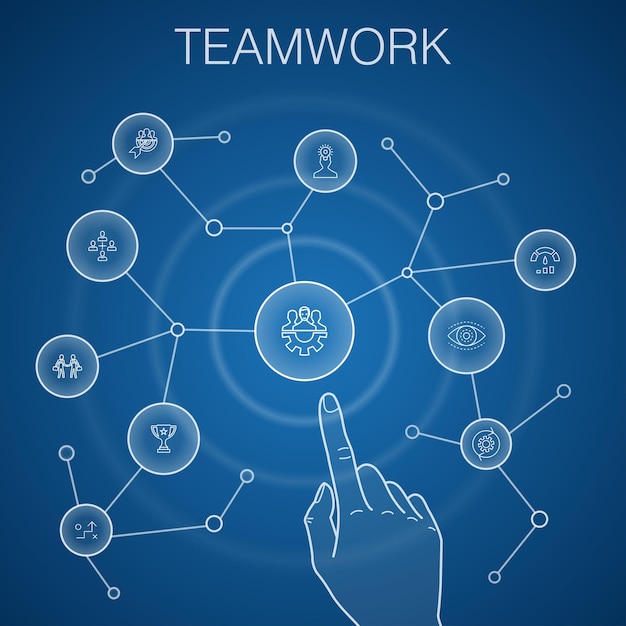 Teamwork concept, blue background.collaboration, goal, strategy, performance icons