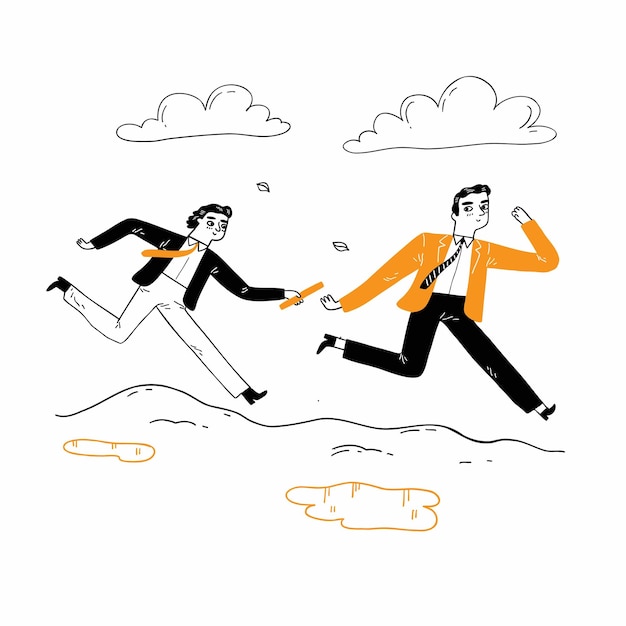 Teamwork concept Businessman Passing Baton to His Colleague in Relay Race Hand drawn vector illustration