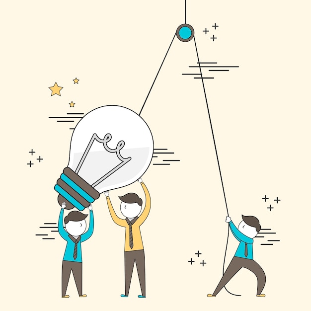 teamwork concept: businessmen setting up a big lighting bulb in line style