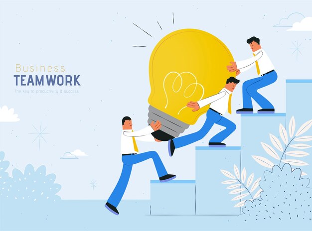 Teamwork concept flat design with businessman carrying giant light bulb up to the stairs blue background