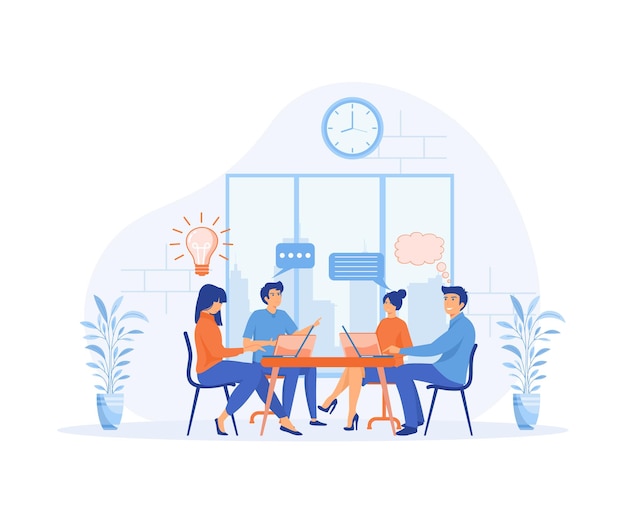 teamwork concept Team of people sitting at desk with laptops working together discussing startup flat vector modern illustration