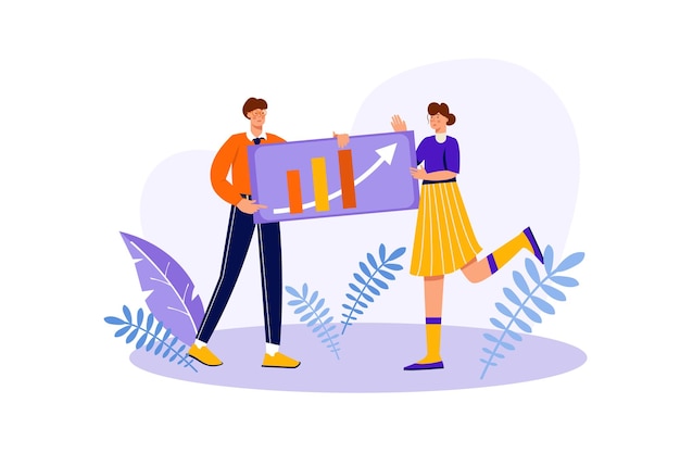 Teamwork concept with people scene in flat cartoon design Colleagues analyze the successful development of the company which was achieved thanks to teamwork Vector illustration