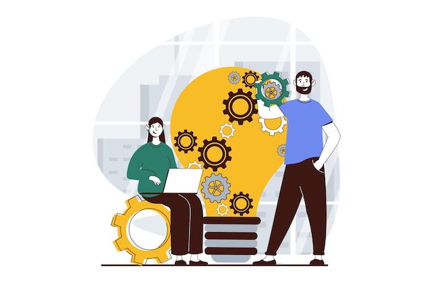 Teamwork concept with people scene in flat design for web Woman and man brainstorming generating ideas and finding creative solving Vector illustration for social media banner marketing material