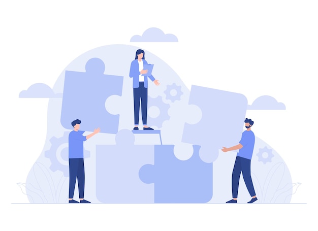 Teamwork connecting puzzle elements cooperation partnership Modern vector flat illustration