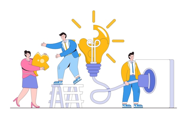 Teamwork cooperation or collaboration to win business success partnership between coworkers or colleagues concepts Businesspeople team supports each other to solve lightbulb puzzle and plug it in