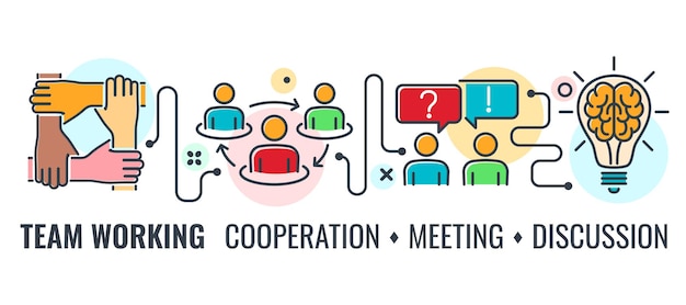 Teamwork or cooperation meeting horizontal banner with colored line icons team, handshake, brain and conference. team work process infographics. isolated vector illustration