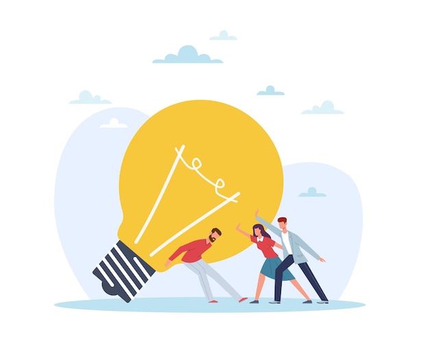 Teamwork of creating an idea Group of people raise huge light bulb Brainstorming and creativity process Creative idea and start up Vector cartoon flat isolated business concept