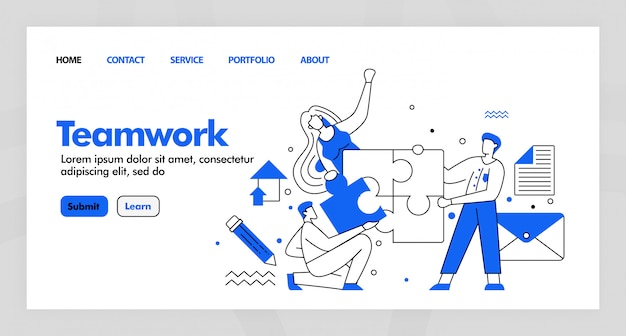 Teamwork  design for business landing page website with flat cartoon.