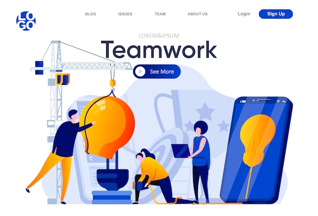 Teamwork flat landing page. Business teammates together developing new project illustration. Partnership and collaboration, motivation and progress web page composition with people characters