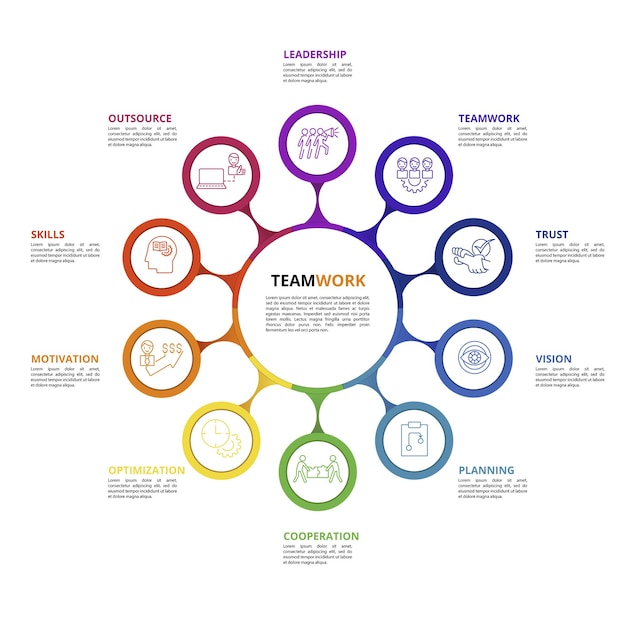 Teamwork infographics template icons in different colors