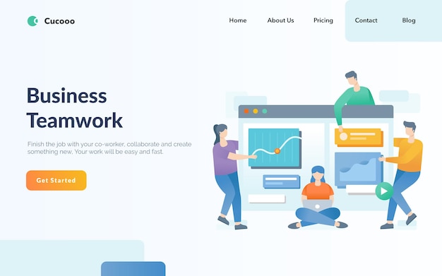 Teamwork landing page concept vector, people interacting with graph and work together