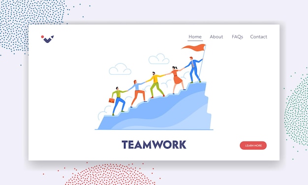 Teamwork Landing Page Template Business Team Climbing Up Mountain with Leader Stand on Top with Hoisted Red Flag