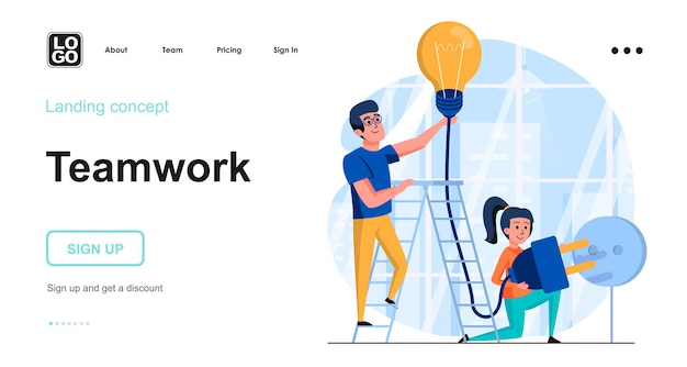 Teamwork landing page template flat design