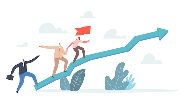 Teamwork and Leadership Concept. Business Team Climbing Up Arrow Chart with Leaders Holding Red Flag. Businesspeople Characters Pull Teammates to Peak of Success. Cartoon People Vector Illustration