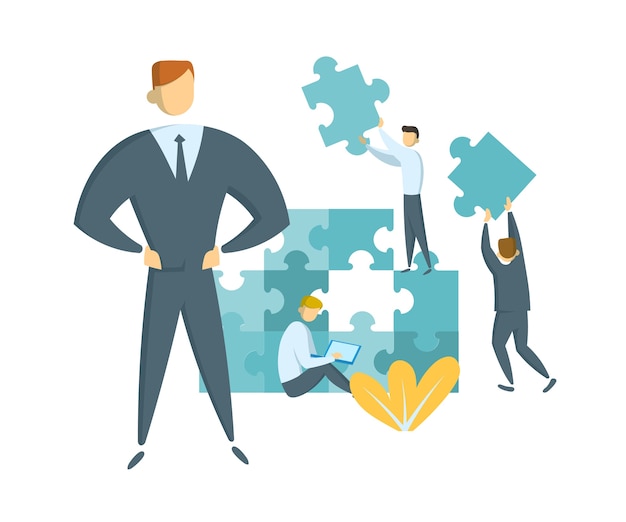 Teamwork and leadership concept. Leader guiding his team towards success. Businessmen with giant puzzle pieces. Idea of partnership and collaboration. Flat illustration. Isolated.