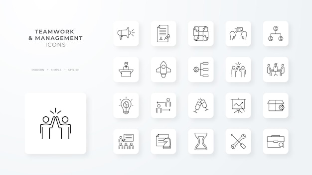 Teamwork and Management icons collection with black outline style team partnership manager organization discussion communication corporate Vector illustration