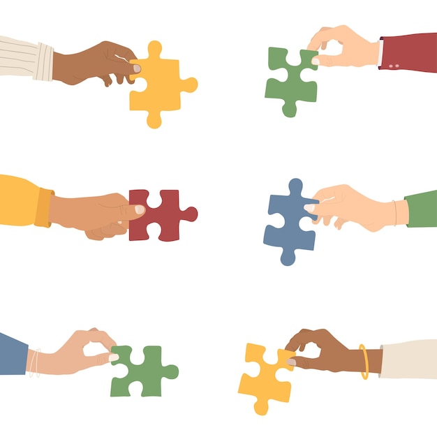 Teamwork. Multi-ethnic group holding puzzles. The concept of cooperation and partnership. Flat style