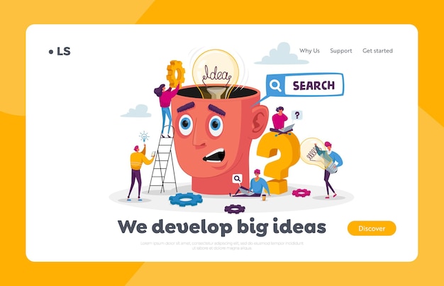 Teamwork and Searching Idea Landing Page Template. Tiny Characters around Huge Head with Light Bulb. Business Team Search Insight for Project 