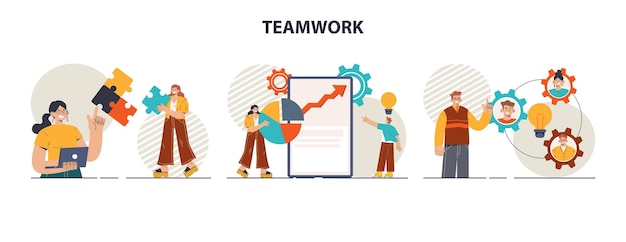 Teamwork set Office characters collaborating for additional business