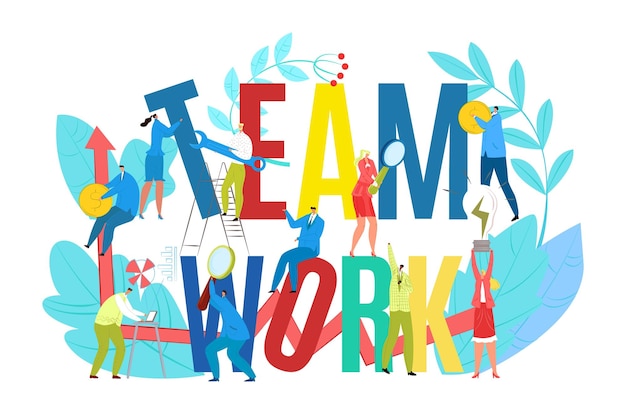 Teamwork sign with success people concept vectot illustration Business man woman work in team cartoon achievement design