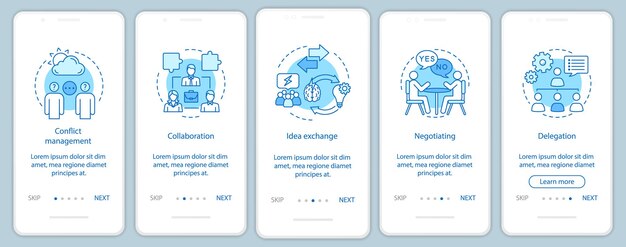 Teamwork skills and qualities onboarding mobile app page screen vector template. Employment walkthrough website steps. Negotiating, delegation, collaboration. UX, UI, GUI smartphone interface concept